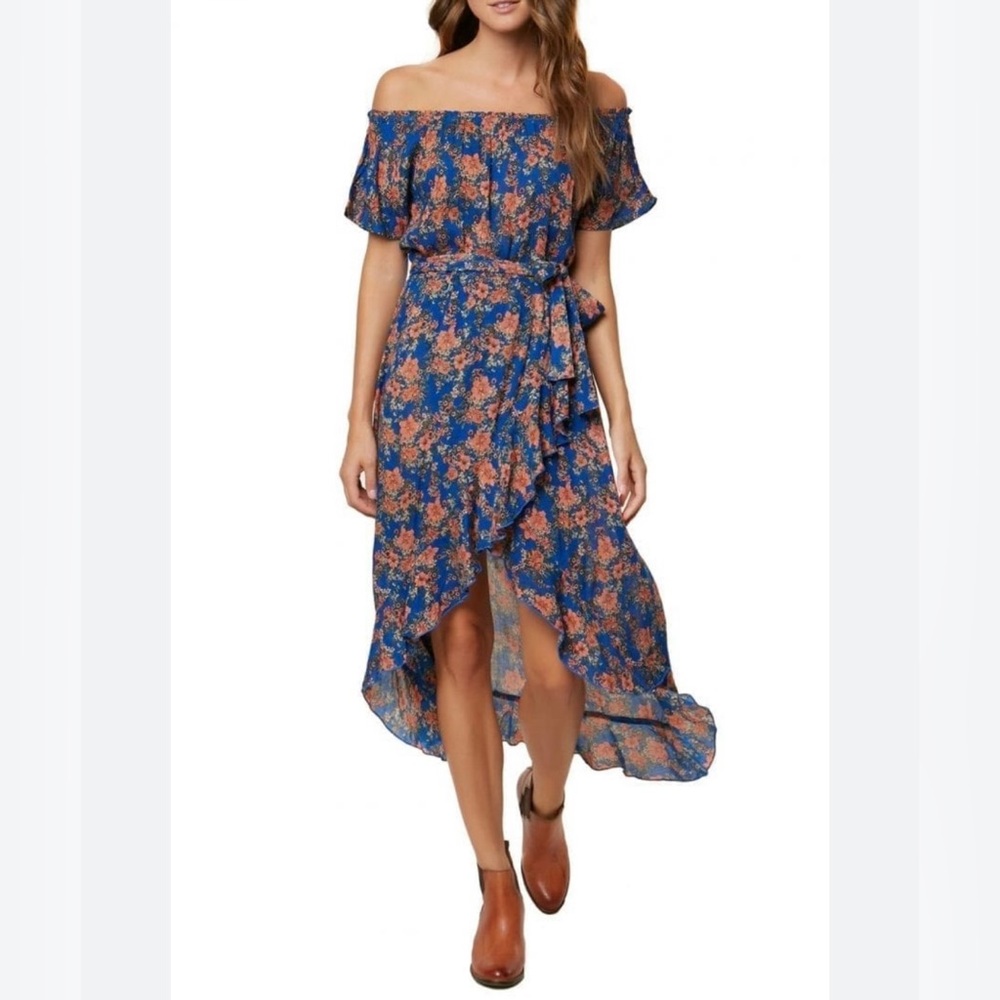 O’Neill Off The Shoulder High Low Floral Ruffle Maxi Dress, Bohemian Dress